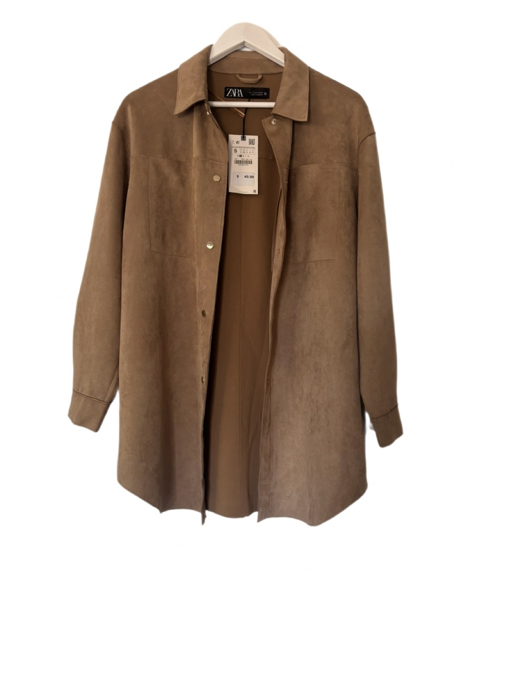 NWT Zara Faux Suede Longline Shirt Jacket Shacket Tan Brown Small S